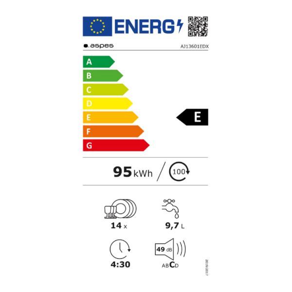 AJ13601EDX - Free Standing Dishwasher Stainless Steel 60 cm Aspes ENERGY CARD