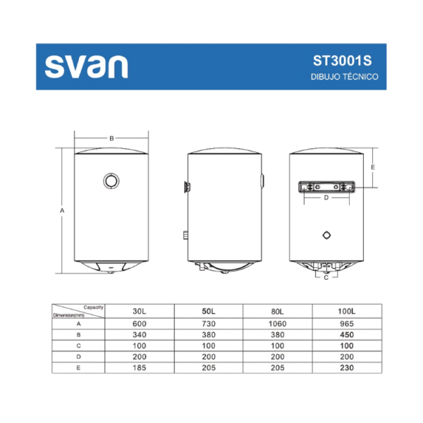 ST3001S - Wall Mounted Water Heater 30 Litres Svan BLUEPRINT